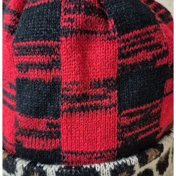 Panache Ladies Beanie One Size Animal Print Faux Fur Pom Red Buffalo Plaid Knit - Picture 6 of 9